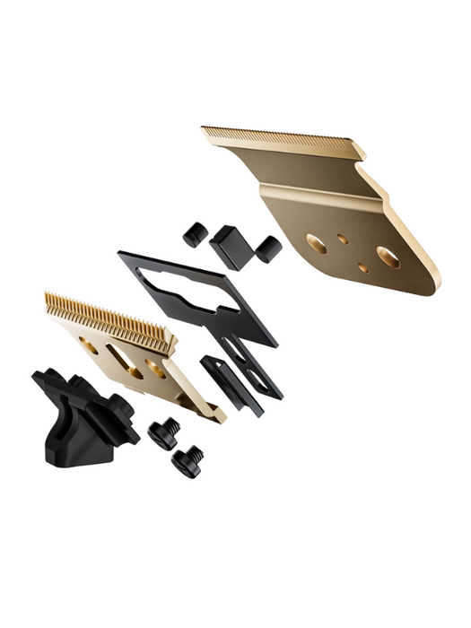 Set of gold and black hair clipper attachments on a white background