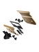 Set of gold and black hair clipper attachments on a white background