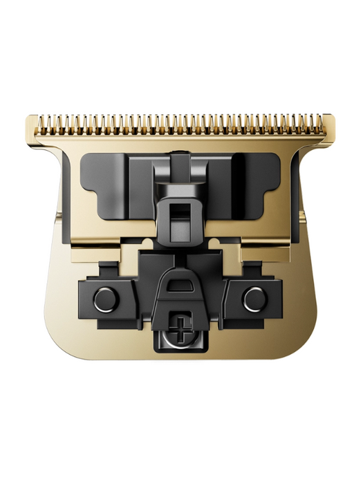 Gold and black hair clipper blade on a white background