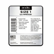 A rectangular Andis UltraEdge Size 1 blade set package insert card with a white center panel, black text, a barcode, and product details on a light gray background.