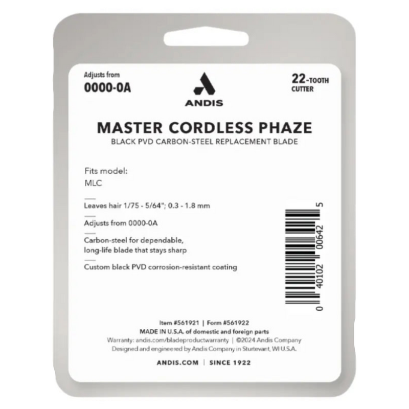 A replacement cordless hair clipper blade card for ANDIS Master Cordless Phaze, showing product details, model number 0000-0A, and a barcode on a white card with a gray border.