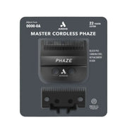 Andis Master Cordless Phaze 22-100th inch cutter replacement blade in its original retail blister packaging, featuring a black PTFD carbon steel blade and an additional smaller blade below it.