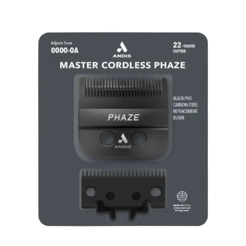 Andis Master Cordless Phaze 22-100th inch cutter replacement blade in its original retail blister packaging, featuring a black PTFD carbon steel blade and an additional smaller blade below it.