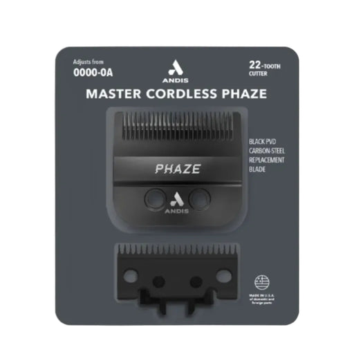 Andis Master Cordless Phaze 22-100th inch cutter replacement blade in its original retail blister packaging, featuring a black PTFD carbon steel blade and an additional smaller blade below it.