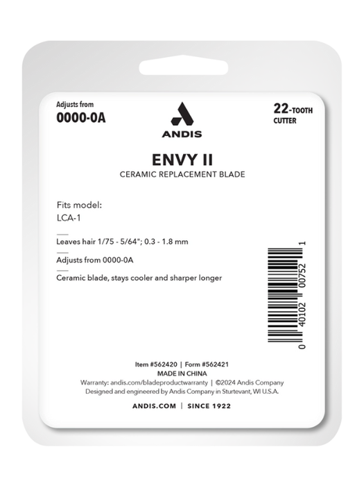 Andis Envy II ceramic replacement blade packaging with product details.