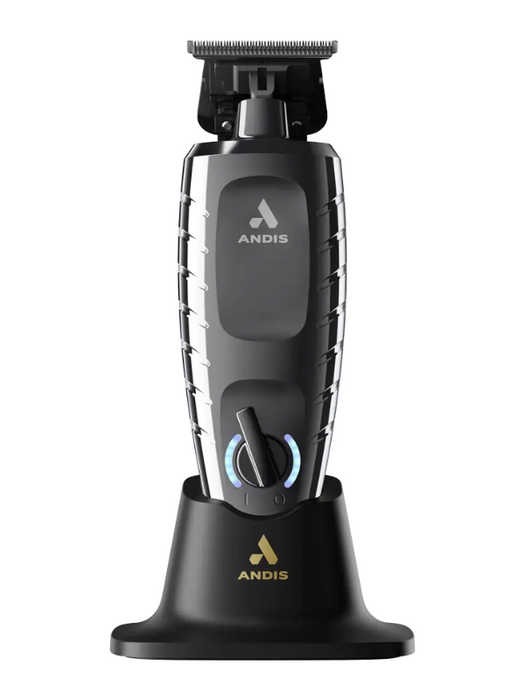 Andis electric trimmer with charging base on a white background