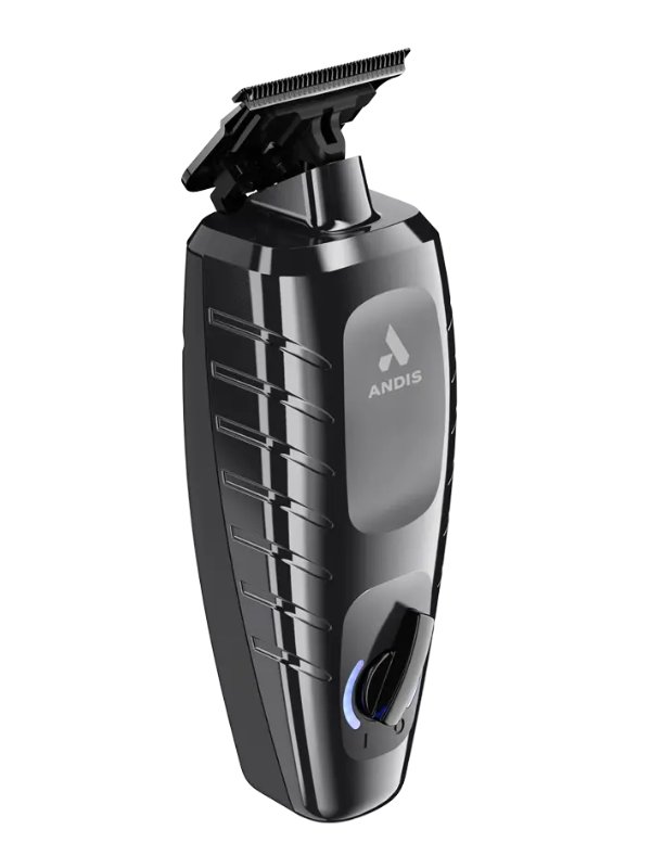 Black Andis trimmer on a white background with blade