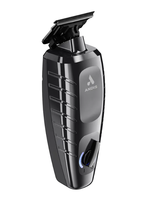 Black Andis trimmer on a white background with blade