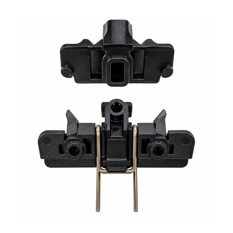Black plastic electronic connector component shown from two angles on a plain white background, with two small metallic pins visible in the lower view.