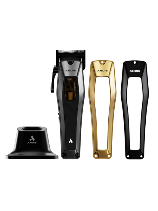 Set of Andis hair clippers and attachments on a white background