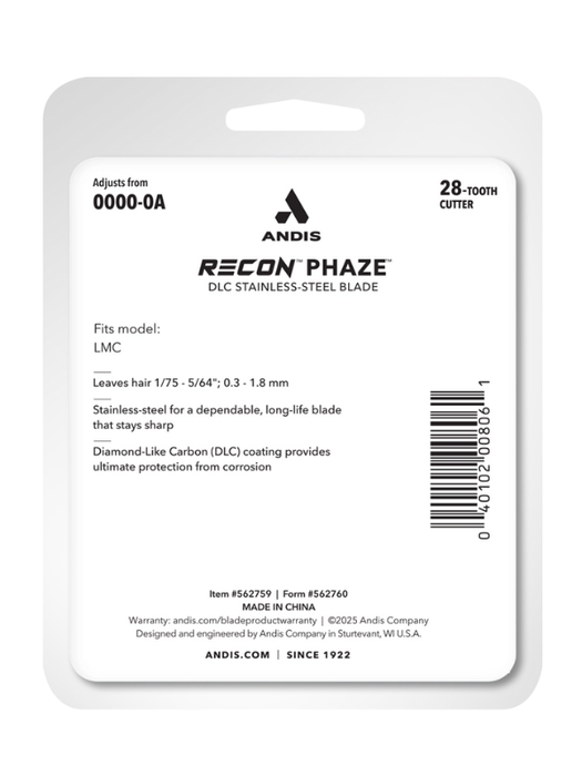 Andis Recon Phaze blade packaging with product details on a white background