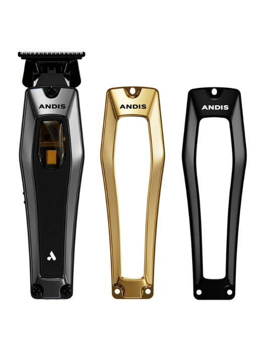 Andis hair trimmer with gold and black handles on a white background
