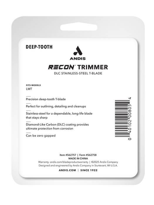 Andis Recon Trimmer packaging with product details on a white background