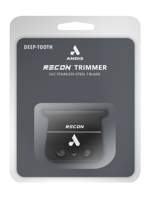 Andis Recon Trimmer packaging with black trimmer on a gray background