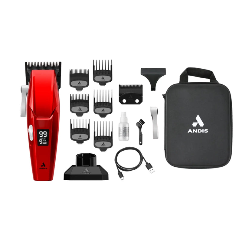 A red ANDIS cordless hair clipper with a black cutting blade, white lever, and a small digital display screen on the front and accessories shown against a solid white background.