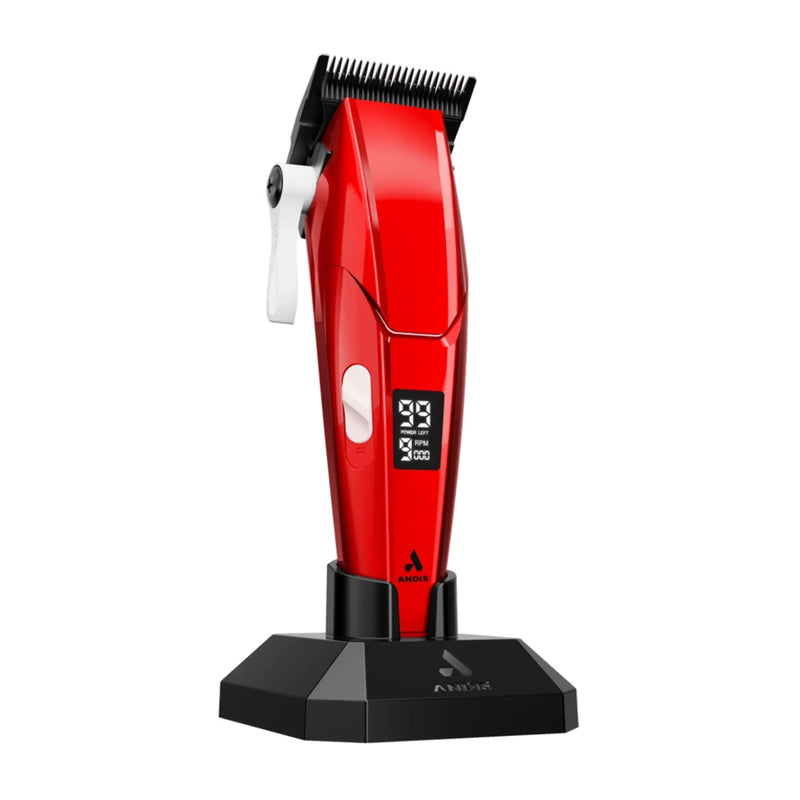 A red ANDIS cordless hair clipper on a black base , white lever, and a small digital display screen on the front, shown against a solid white background.