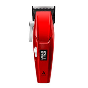 A red ANDIS cordless hair clipper with a black cutting blade, white lever, and a small digital display screen on the front, shown against a solid white background.