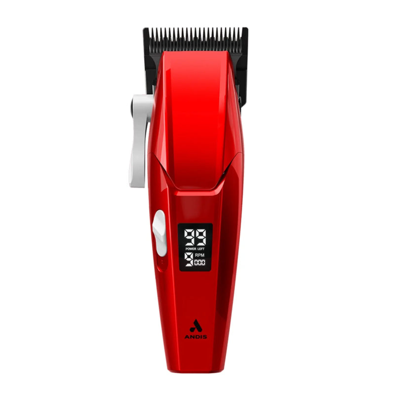 A red ANDIS cordless hair clipper with a black cutting blade, white lever, and a small digital display screen on the front, shown against a solid white background.