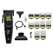Hair clipper set with attachments and accessories on a white background