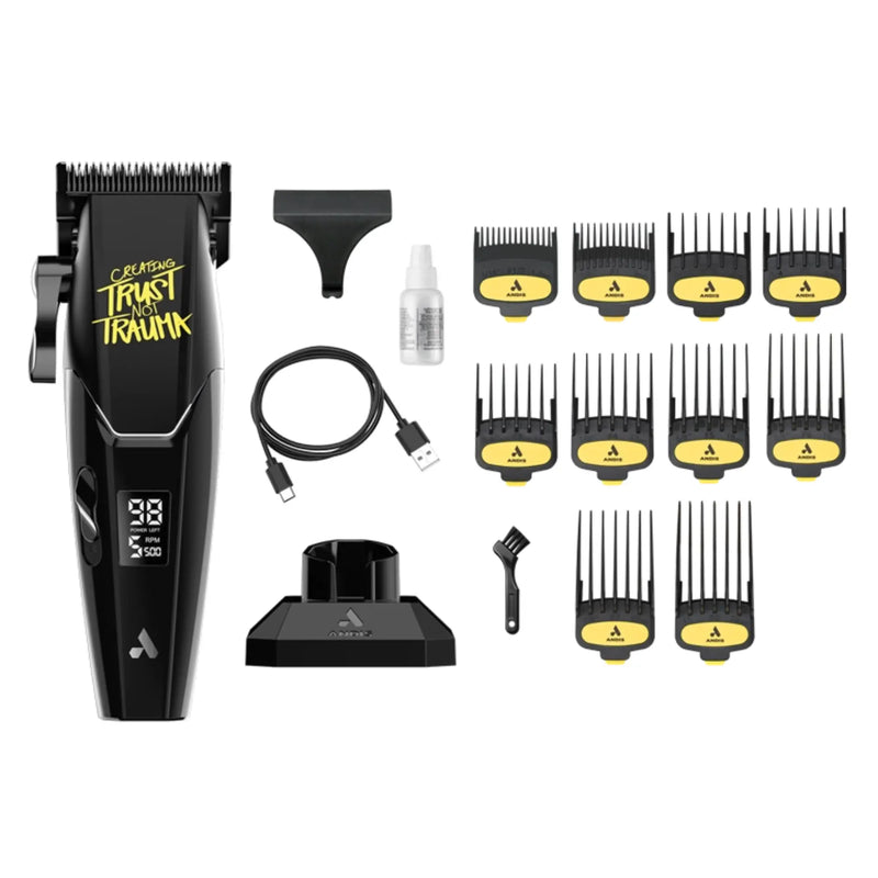 Hair clipper set with attachments and accessories on a white background