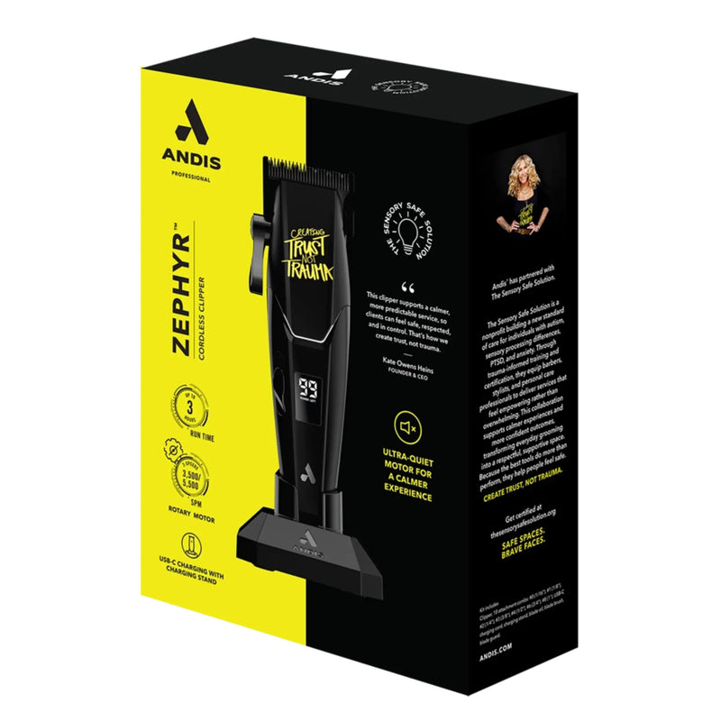 Andis Zephyr cordless clipper packaging with a yellow and black design