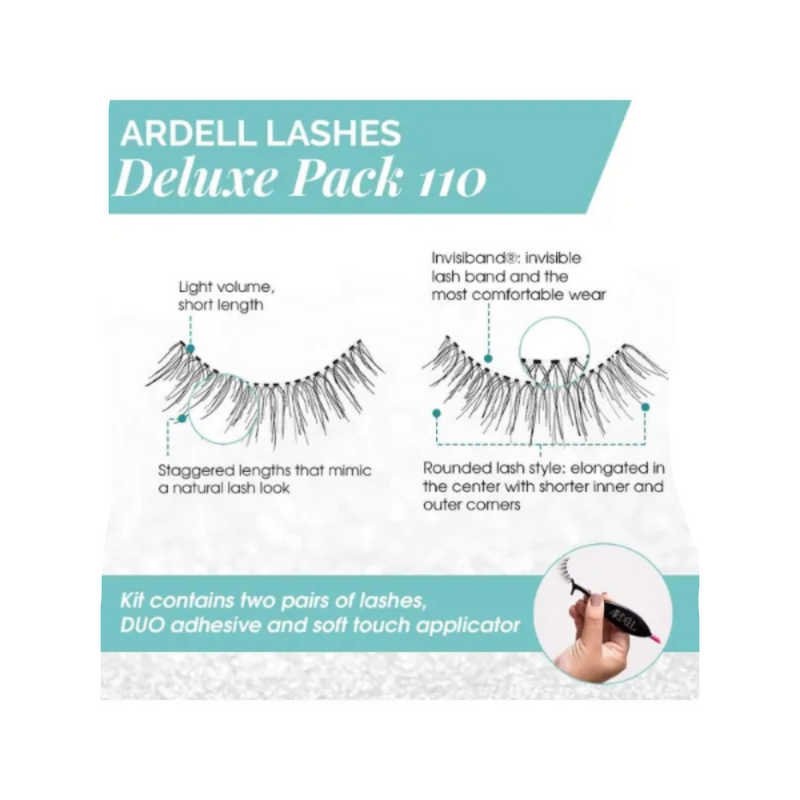Ardell Lashes Deluxe Pack 110 with product features and accessories on a white background