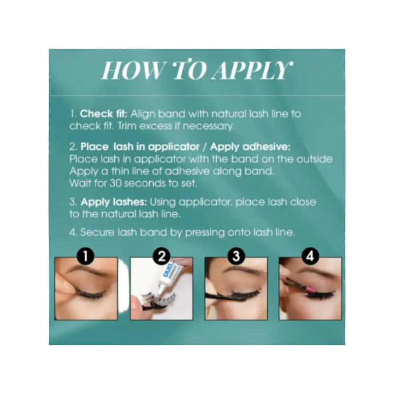 Instructions on how to apply false eyelashes with text and step-by-step images.