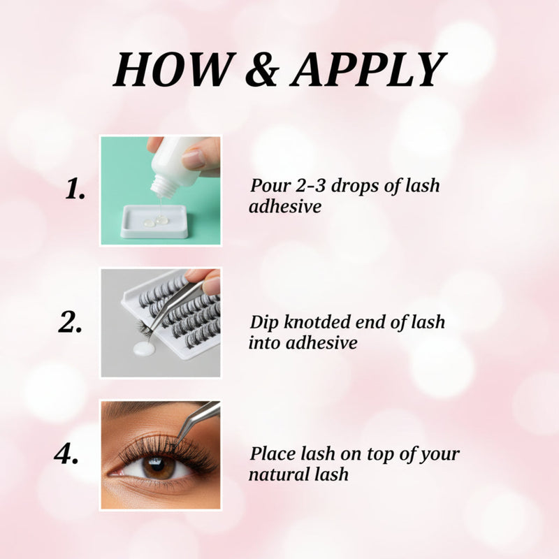 Step-by-step guide on how to apply false eyelashes with text and icons.
