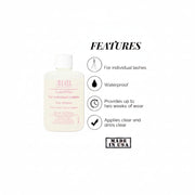 Eyelash adhesive bottle with features listed on a pink background