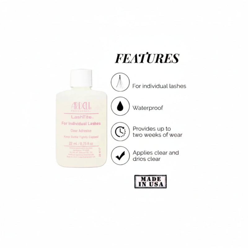 Eyelash adhesive bottle with features listed on a pink background