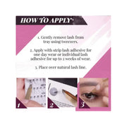 Instructions on how to apply false eyelashes with text and images.