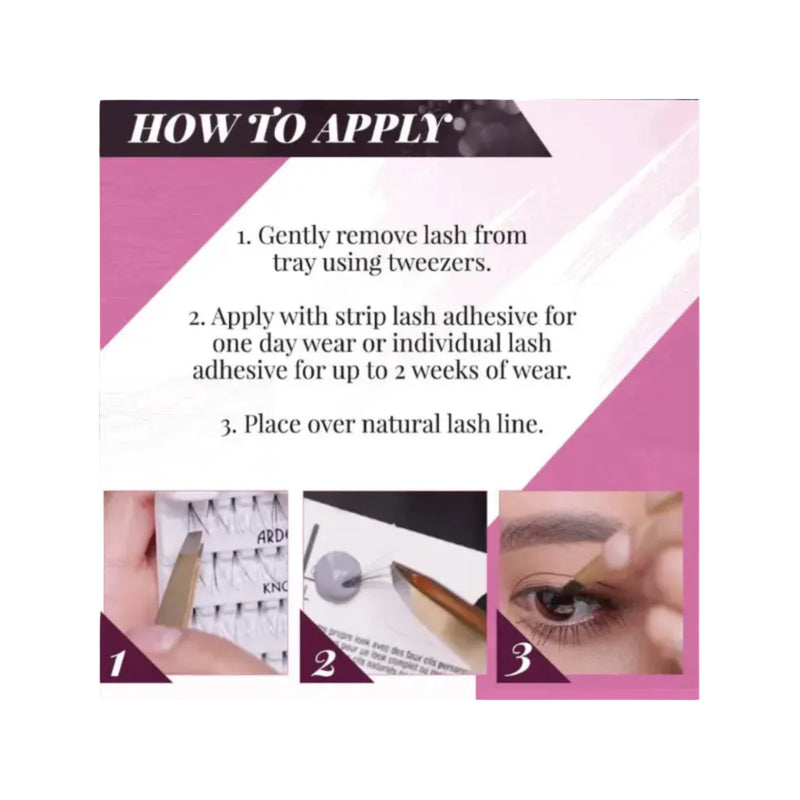 Instructions on how to apply false eyelashes with text and images.