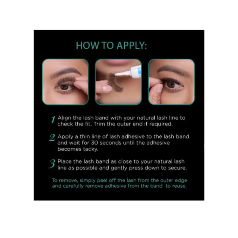 Instructions on how to apply false eyelashes with step-by-step guidance.