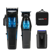 BabylissPRO Dual Coil grooming kit featuring a black and blue electric clipper, a matching trimmer, a black carrying case with the BabylissPRO logo, and a black UV foil shaver all on a white background.