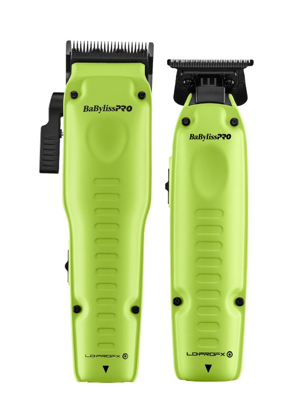 Two green BaBylissPRO hair clippers on a white background