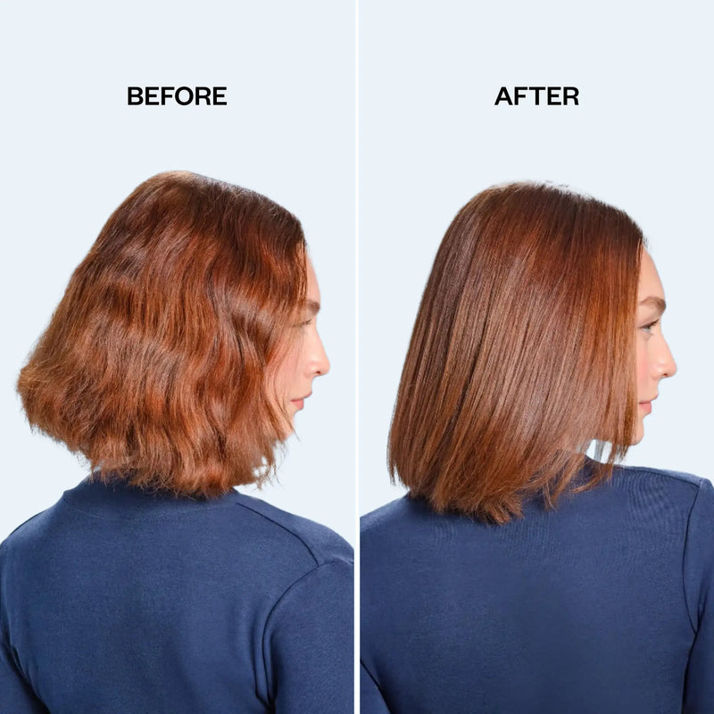 Before and after comparison of a person with straightened hair against a light blue background.