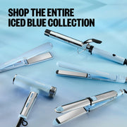 Collection of hair styling tools on a light blue background with promotional text.