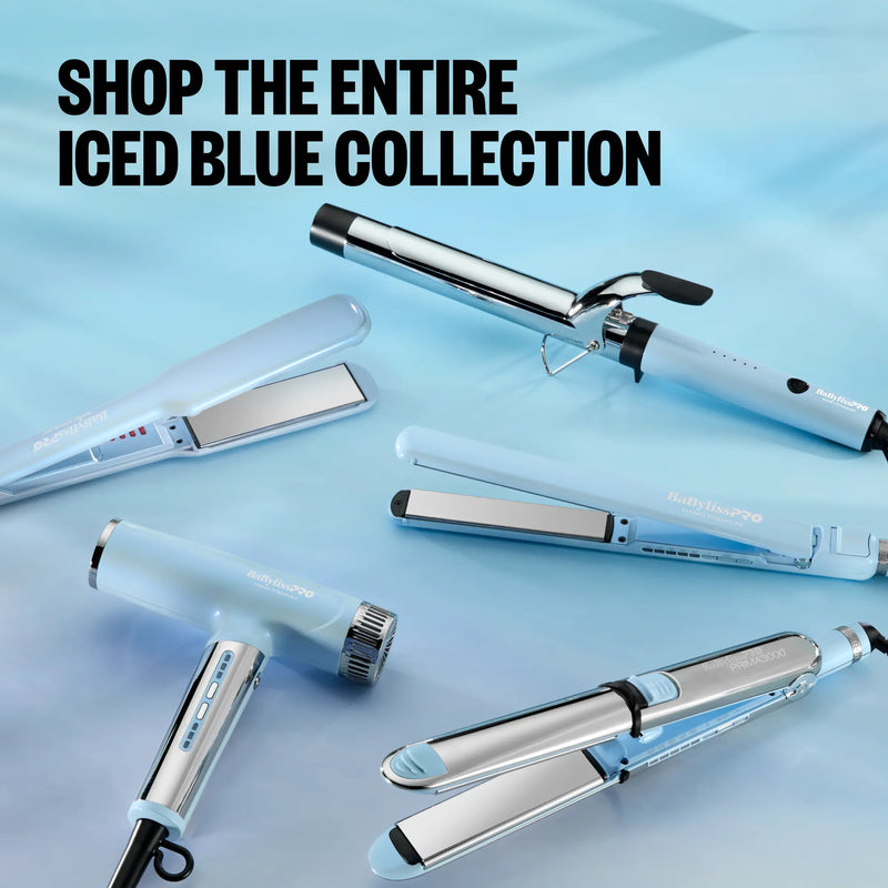 Collection of hair styling tools on a light blue background with promotional text.