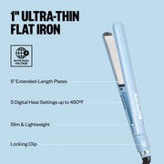 Blue flat iron with features listed on a light blue background