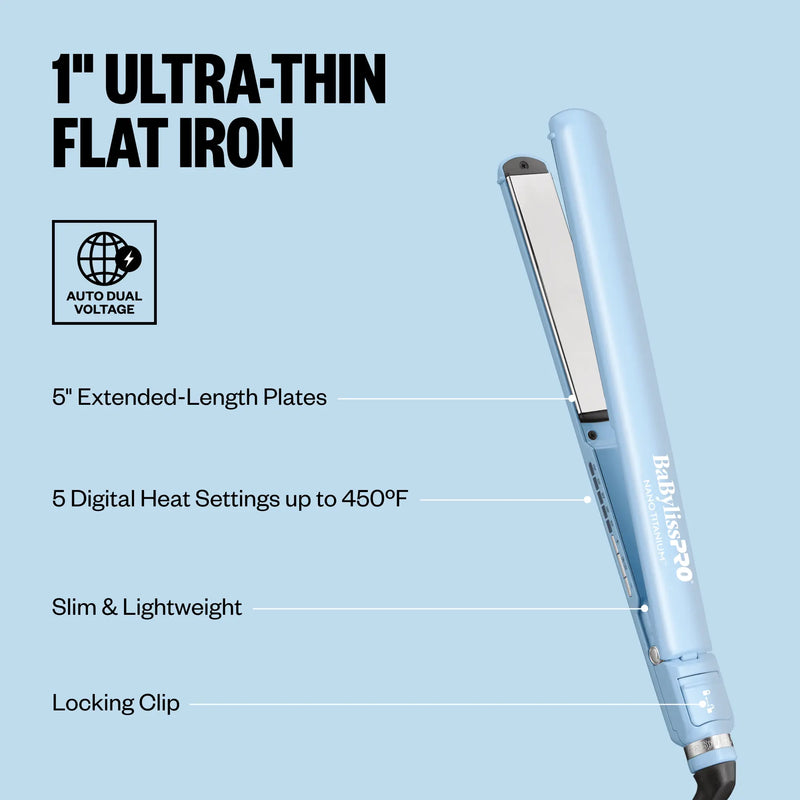 Blue flat iron with features listed on a light blue background