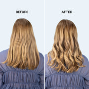 Before and after comparison of wavy hair on a person wearing a blue top against a light purple background.