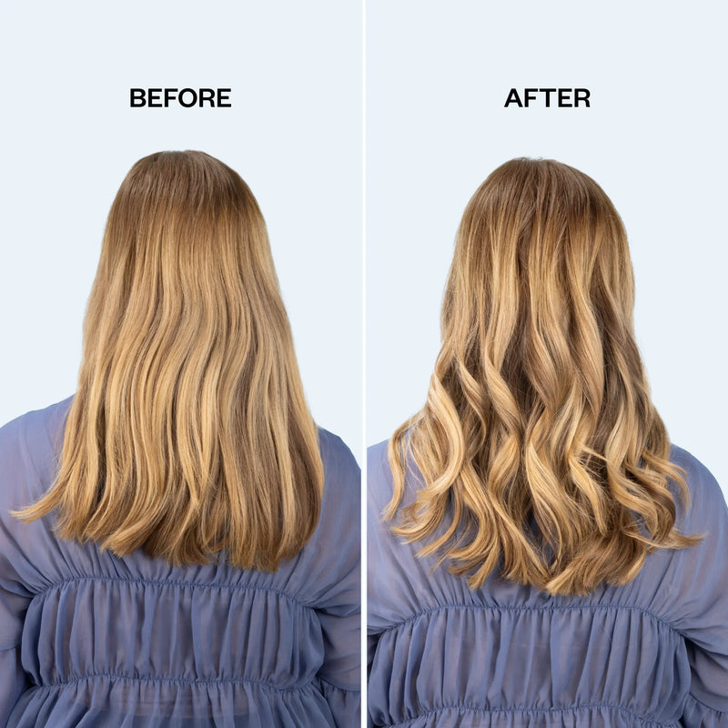 Before and after comparison of wavy hair on a person wearing a blue top against a light purple background.