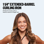 Woman with styled hair and text about an 11/4" extended-barrel curling iron
