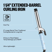 11/4" Extended-Barrel Curling Iron with features highlighted on a light blue background