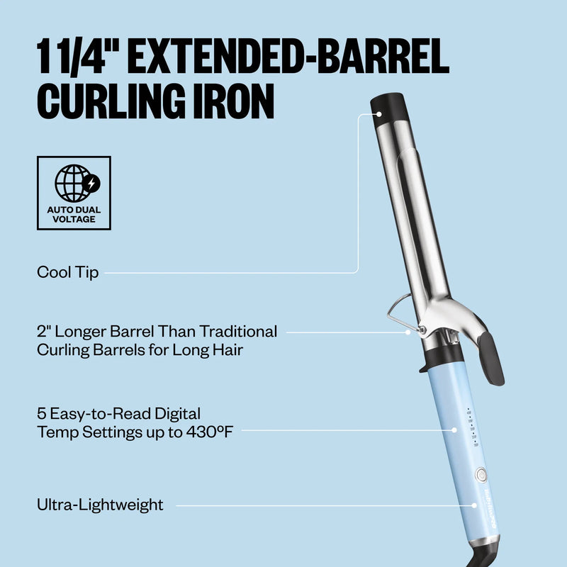11/4" Extended-Barrel Curling Iron with features highlighted on a light blue background
