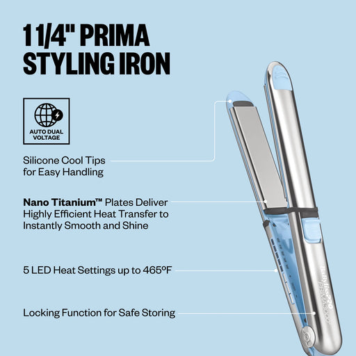 11/4" Prima Styling Iron with features listed on a light blue background