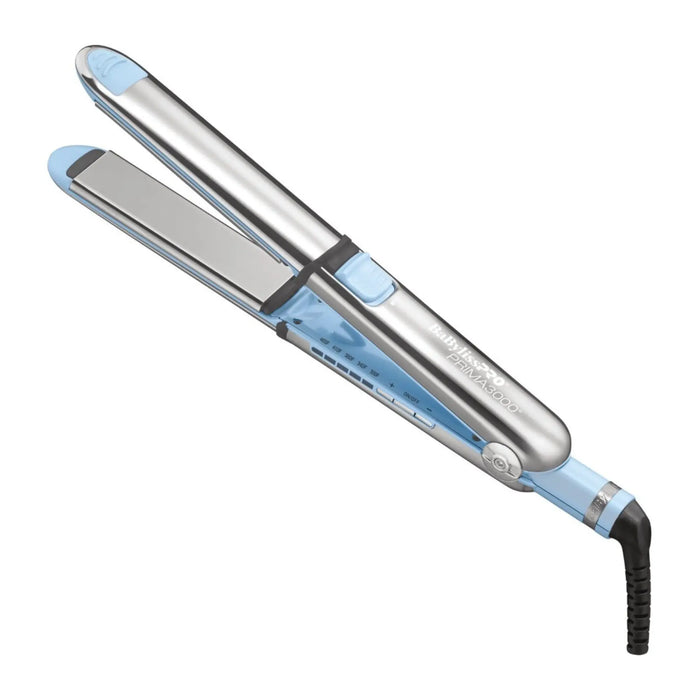 Hair straightener with blue accents on a white background