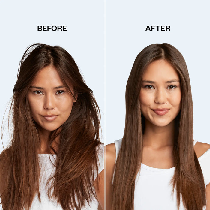 Before and after comparison of a woman with straightened hair on a light blue background.
