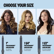 Hair styling product with three sizes displayed and models showing different hair styles.