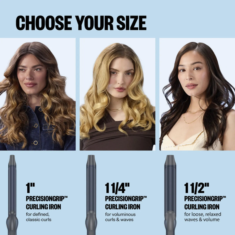 Hair styling product with three sizes displayed and models showing different hair styles.